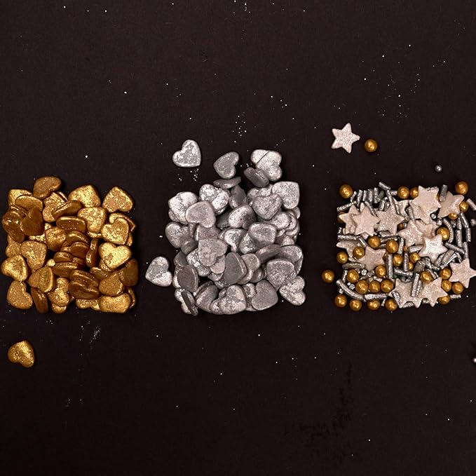 Confect Christmas Sprinkles | Grey, Gold & White Mix | Edible Star, Pearl & Flower Shaped Sprinkles | Elegant Holiday Cake & Cupcake Decorations- 5 Oz