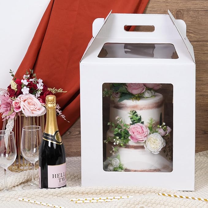 Moretoes 4 Pack Tall Cake Boxes with 4 Boards, Large Bakery Take Out Transport Containers 2 Sizes 14x14x16 & 16x16x18 Tier Bakery Carrier with 4 Boards, Party Birthday Wedding