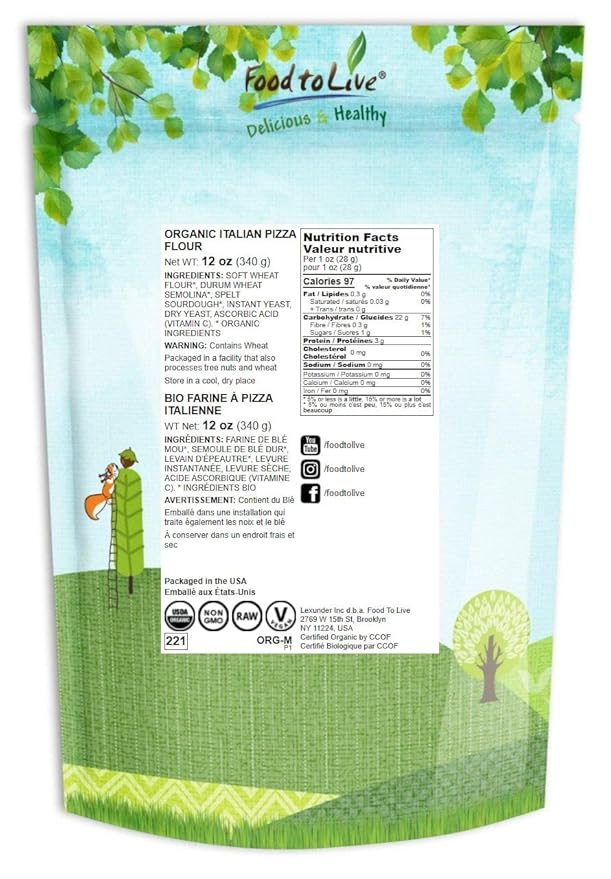 Food to Live Organic Italian Pizza Flour – Non-GMO Double Zero 00 Pizza Crust Mix, A Custom Blend of Soft Wheat Flour, Durum Wheat Semolina, and Spelt Sourdough. Unbleached, Extra Fine, Vegan, Bulk
