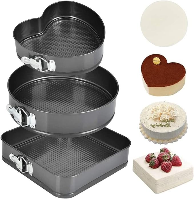 Springform Pan Set, 3PCS Cake Pans Baking Pans Set Carbon Steel Round Heart Square Shape Non Stick Cheesecake Pan for Kitchen (20/22/24)