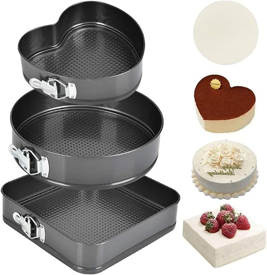 Springform Pan Set, 3PCS Cake Pans Baking Pans Set Carbon Steel Round Heart Square Shape Non Stick Cheesecake Pan for Kitchen (22/24/26)