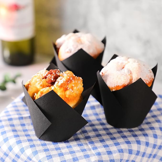 Jutom 200 Pack Tulip Cupcake Liners Paper Baking Cups Greaseproof Muffin Liners Grease Resistant Cupcake Wrappers for Weddings Birthday Cake Balls Muffins Candy Jelly Party(Black)