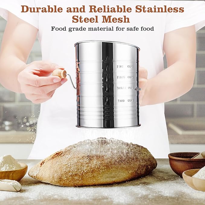 Flour Sifter for Baking, 304 Stainless Steel 5 Cup Flour Sieve Fine Mesh Screen Powder Sifters with Loop Agitator for Quick Sifting, Hand Crank Sifter for Cooking Baking Kitchen Sugar Utensil DIY