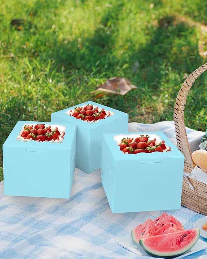 Bakepacker 36pcs 8x8x5 Inches Light Blue Cake Boxes with Window, 18-Pack (18 Cake Boxes + 18 Cake Boards Included)