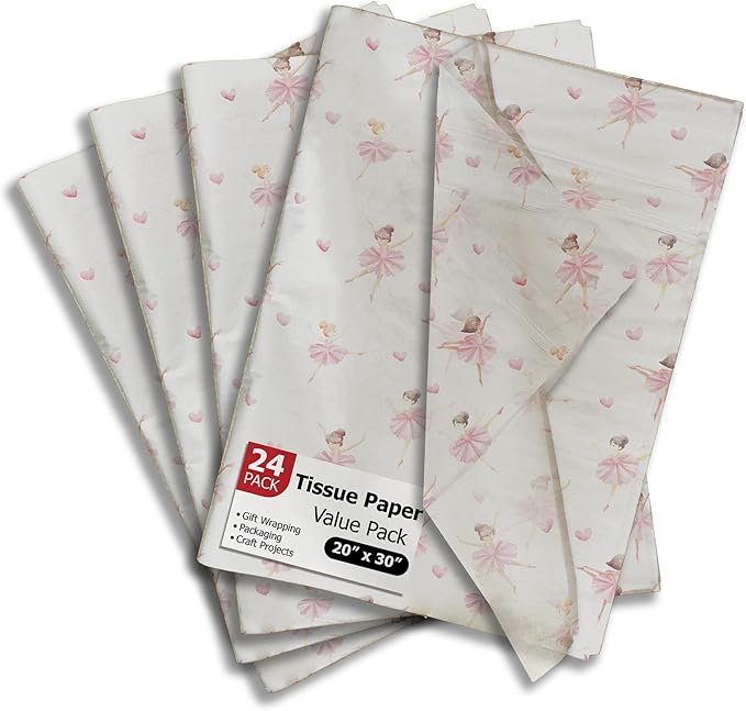 Pro Supply Global Ballerina Printed Tissue Paper for Gift Bags or Boxes and Wrapping - Baby Shower Bulk Decorative Art Tissue Paper for Packaging and Gifting | 24 Sheets 20" x 30"