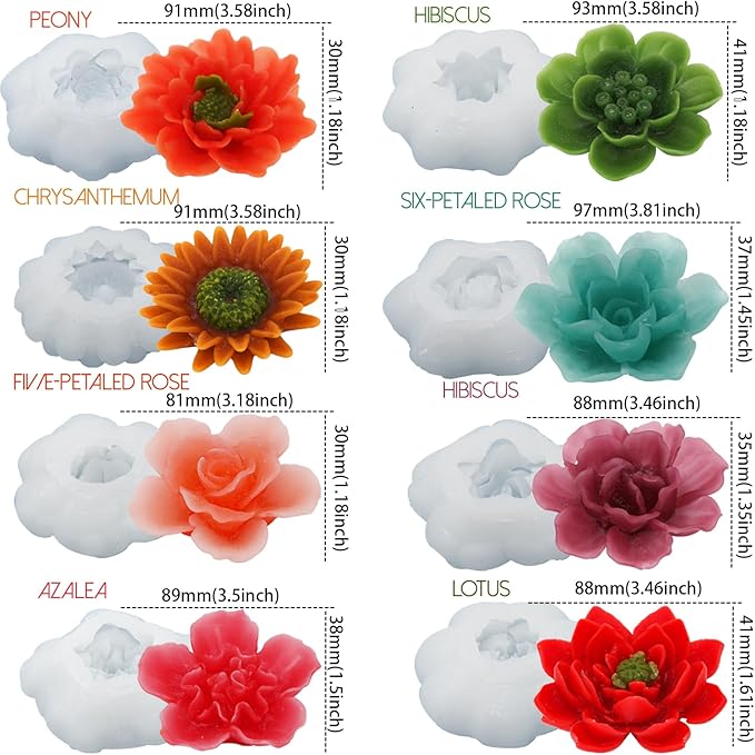 EuTengHao Flower Silicone Candle Molds for Wax Candle Soap Silicone Resin Cake Making, 3D Plant Flower Wax Scented Candle Soap Silicone Resin Casting Molds (8 Styles Flowers)