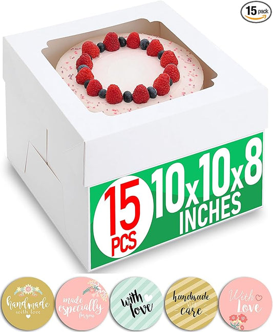 10x10x8 Bulk 15 Pcs Tall Multi-Layer Cake Boxes 10 Inch with Window Clear Bakery Box Square White Large Disposable Pie Boxes Package for Bake Decorating Supplies Pastry Box (80 Pcs Stickers)