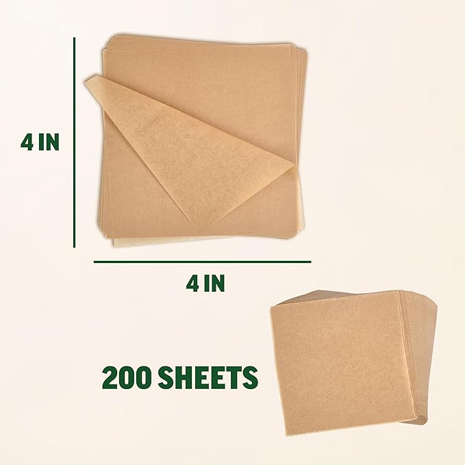 Zenlogy 4x4 Small Parchment Paper Squares (200 sheets) - Unbleached, Non-stick, Pre-cut Parchment Paper - Ideal for Candy Wrappers, Liner Paper, Freezing and Storing, Separating, and Diamond Painting