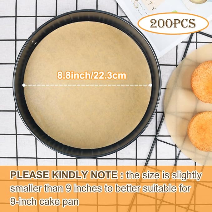 BYKITCHEN Parchment Paper Rounds, Set of 200, Non Stick 9 Inch Round Parchment Paper Sheet for Baking, Pre-cut Cake Pan Liners for Round Cake Pan, Springform Pan, Air Fryer and More
