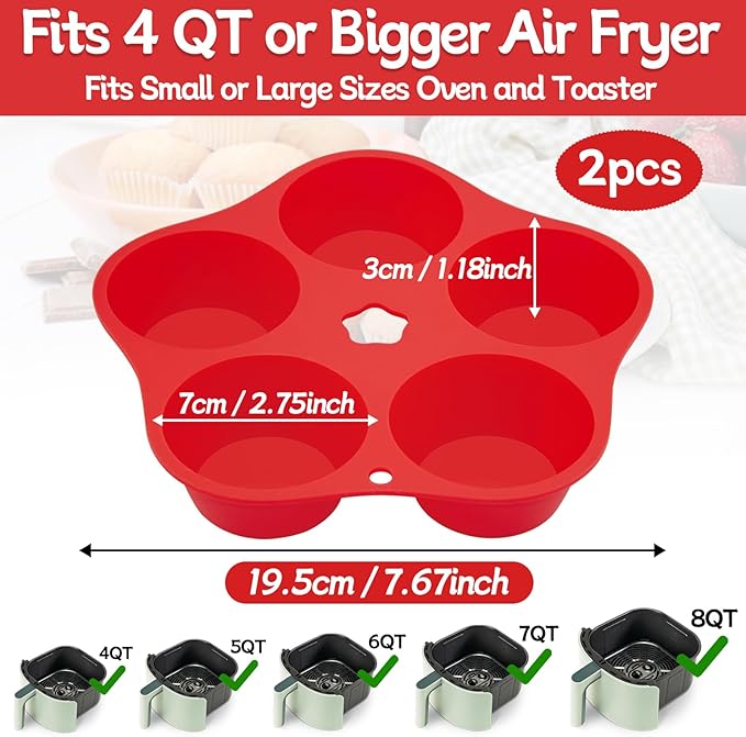 2 Pieces Silicone Air Fryer Muffin Pan Round Egg Bite Mold for Oven Baking,Mini Muffin Tins Cups Cake Tray for Air Fryer Liners Basket Instant Pot Accessories Baking Muffin Pancake
