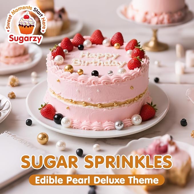 Christmas Edible Pearl Sprinkles for Cake Decorating,4 Pack,5.3oz,Gold Silver White and Black Sugar Pearls Sprinkle Mix,Perfect for Cake Decorations,Baking,Ice Cream,Cookies,Cupcake Topper,Birthday Holiday Party Wedding Valentines Supplies