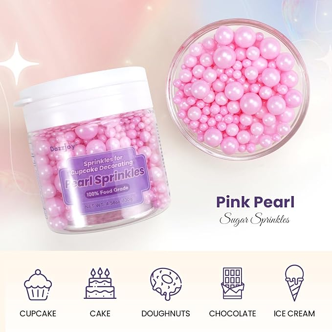 Dazzjoy Edible Pink Pearl Sprinkles, Pearl Sugar Sprinkles130g/4.58oz, Cupcake Toppers Cake Decorations, Easter Wedding Party Valentines Halloween Christmas Supplies