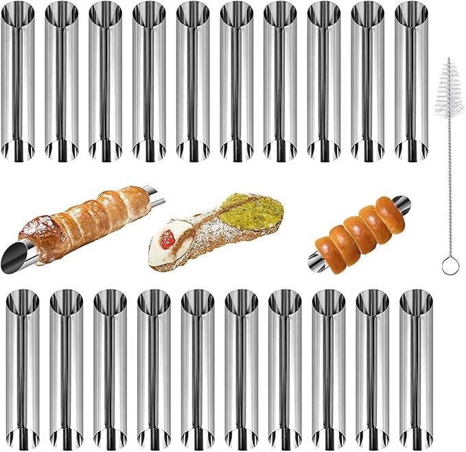 Cannoli Tubes,20PCS Stainless Steel Screw Croissant Mold with Brush, 5 inch Conical Tube Cone Roll Moulds Spiral Pastry Cream Horn Cake Bread Mold for Cannoli Tubes Croissant Baking