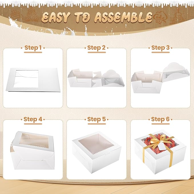 32Pcs 10 Inch Cake Boxes with Cake Boards (16Pcs White Cake Boxes, 16Pcs Cake Boards), 10x10x5 Inch Bakery Boxes with Window, Cake Carrier Container for Birthday Party, Wedding
