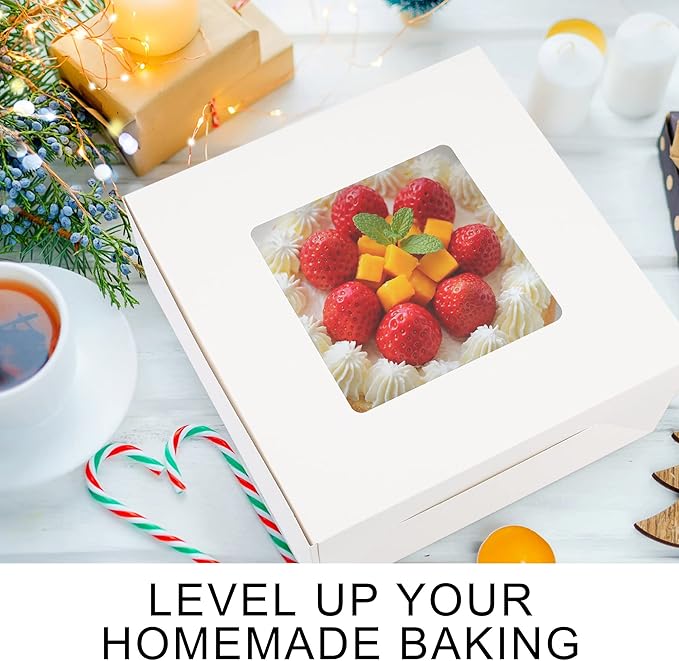 LotFancy Cake Boxes, 10 x 10 x 5 inch, 30 Pcs, 15 Disposable Paper Cake Carrier with 15 Round Board, White Bakery Boxes with Window, Treat Box Container for Pie, Donut, Cookie, Pastry