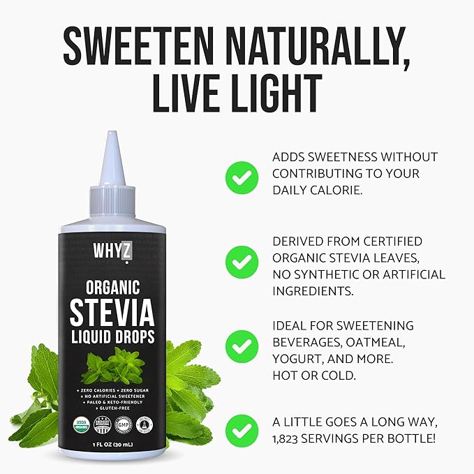 Organic Stevia Liquid Drops Zero Calorie Natural Sweetener for Coffee, Tea & Baking, Pure Stevia Extract, Keto Friendly, 1 fl oz, 228 Servings