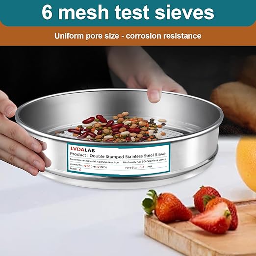 304 Stainless Steel Lab Sieve Screen Mesh, 6 Mesh(3.5mm) Aperture Test Sieve, 12Inch(30cm) Diameter Economy Standard Analysis Sample Test Sieves for Industrial Laboratory Homes