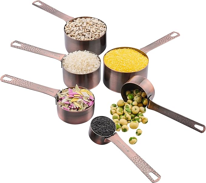 Smithcraft Copper Measuring Cups and Spoons Set, Stainless Steel Copper Plated 6 Metric & US Measuring Cups & 7 Spoons with Leveler for Baking & Kitchen