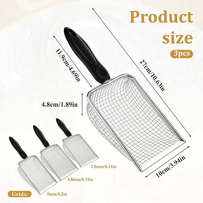 3 Pcs Gardening Soil Sifter 2.8/3.8/5 mm Mesh Garden Sand Compost Sieves Scoop Garden Shovels with Handle for Rocks Dirt Compost Filtration Planting Tool Accessories Supplies Stainless Steel
