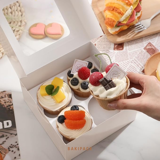 25 White Cupcake Boxes, 4 Count Cupcake Containers with Window and Inserts, 6.3×6.3×3 Inches Cupcake Holders for Cupcakes, Muffins, Cookies, Desserts, Pastries