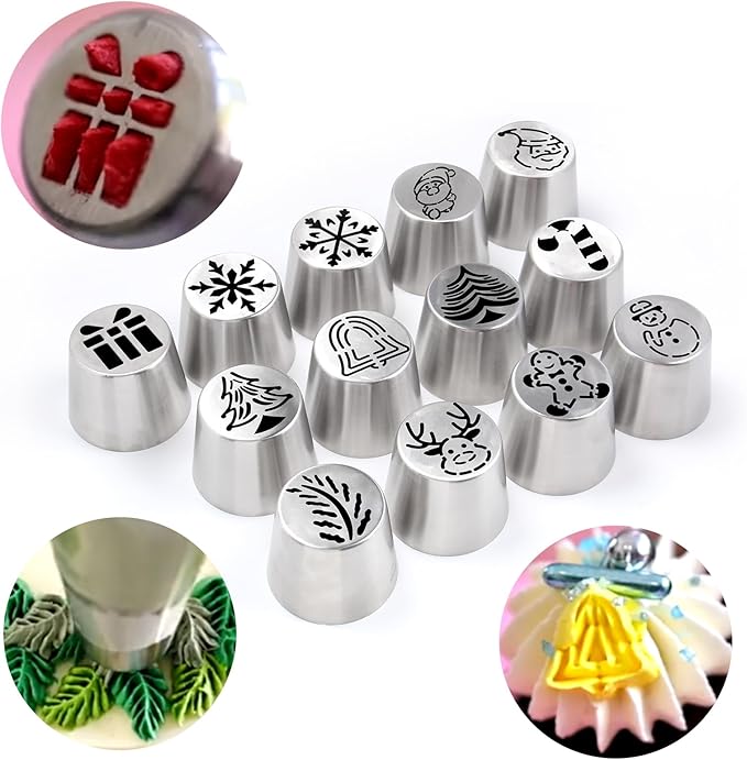 25 Pieces Stainless Steel Extra Large Christmas Piping Tips Set,13 Christmas Frosting Icing Tips with 10 Disposable Pastry Bags,1 Small Russian Tip,1 Cleaning Brush for Cake Decorations