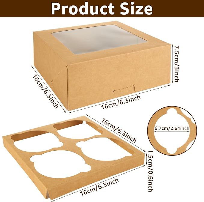 QTLCOHD 40 Pack Cupcake Boxes 4 Count, 6 x 6 x 3 Inch Folded Cupcake Containers, Brown Muffin Boxes with Window Bulk for Cookie, Pastry, Cake, Dessert, Treat Packaging