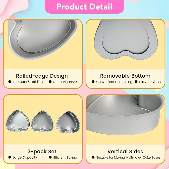 3 Pack 8 Inch Heart Shaped Cake Pans, Durable Anodized Aluminum Heart Cake Pans, Ideal for DIY, Birthdays & Weddings, Baking Pans Chiffon Cake Mold for Oven Baking(8" Removable Bottom)