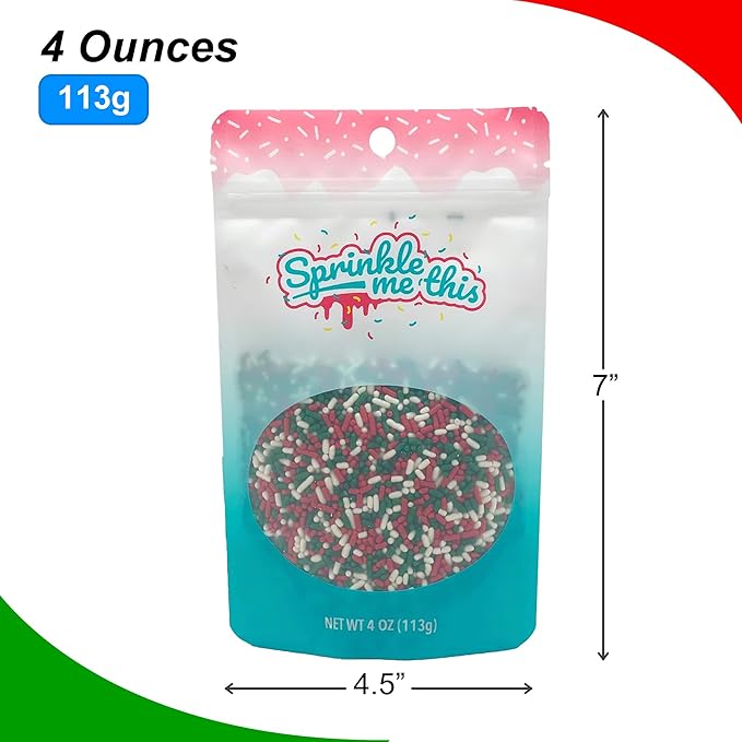 Green, Red and White Blend Sprinkles - 4 oz Resealable Stand Up Candy Bag - Christmas Themed Sprinkles for Decorating - Bulk Baking Supplies for Holiday Decorated Treats