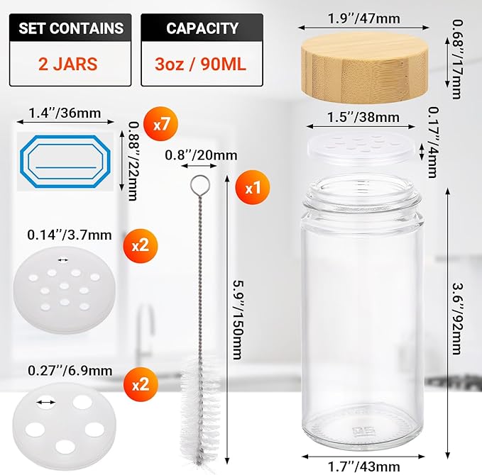 Segarty 3oz Spice Jar with Bamboo Shaker Lids, 2 Pack Round Spices Jars for Herbs Grains Storage, 90ml Empty Glass Small Seasoning Containers Set, Clear Salt Pepper Shakers with 7 Stickers and 1 Brush