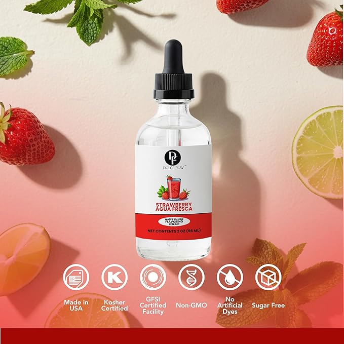 Dolce Flav Natural Strawberry Agua Fresca Extract, Water-Soluble – 2 oz | Fresh Sweet Strawberry Flavoring for Beverages, Desserts & Syrups – Sugar-Free, Kosher, Allergen-Free