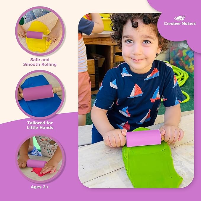 Small Rolling Pin for Kids, Non-Stick Silicone Surface with Wooden Handles for Play Dough and Baking Rolling Pin (Bright Purple)