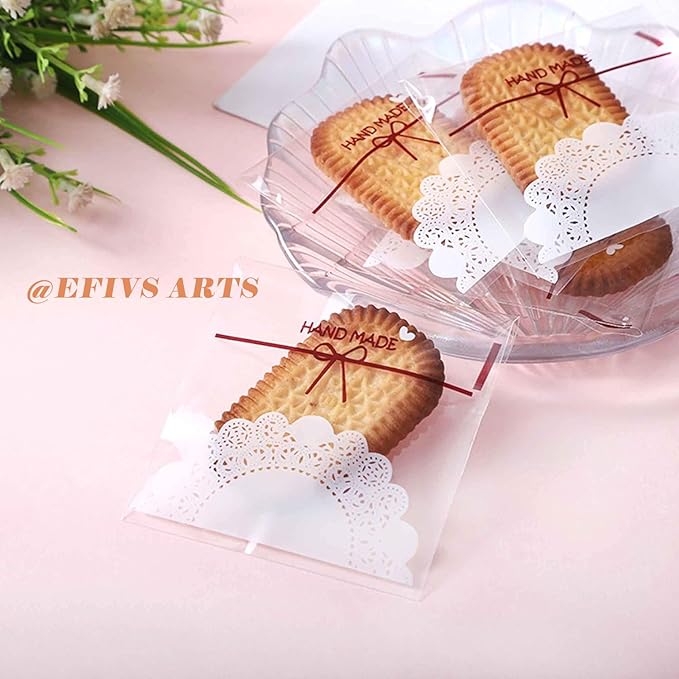 200pcs 5.5x5.5in Lovely Lace Bowknot Clear Biscuit Roasting Treat Present DIY Plastic Candy Individual Wrappers Self Adhesive OPP Cookie Bakery Decorating Favor Bags
