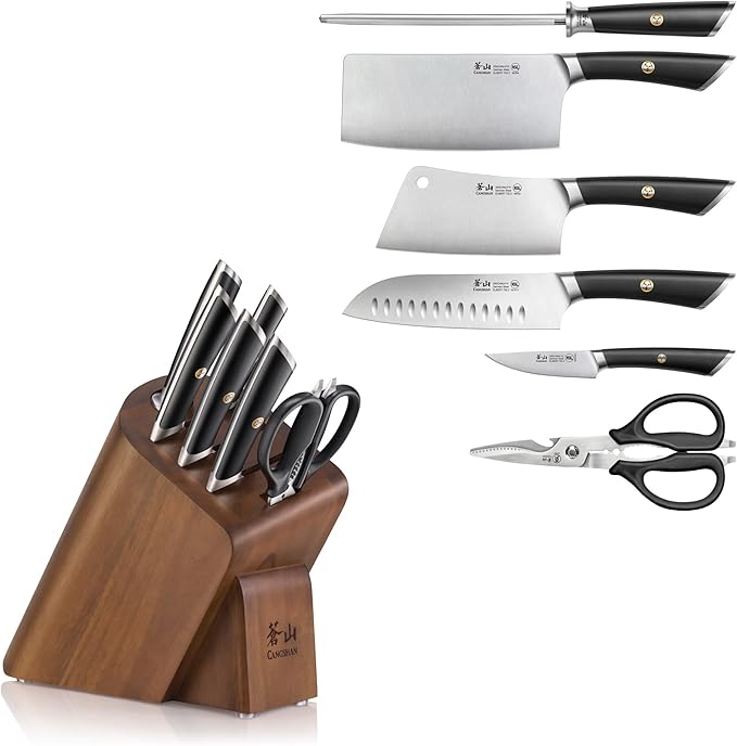 Cangshan ELBERT Series German Steel Forged Cleaver Knife Block Sets, Acacia (7-Piece, Black)