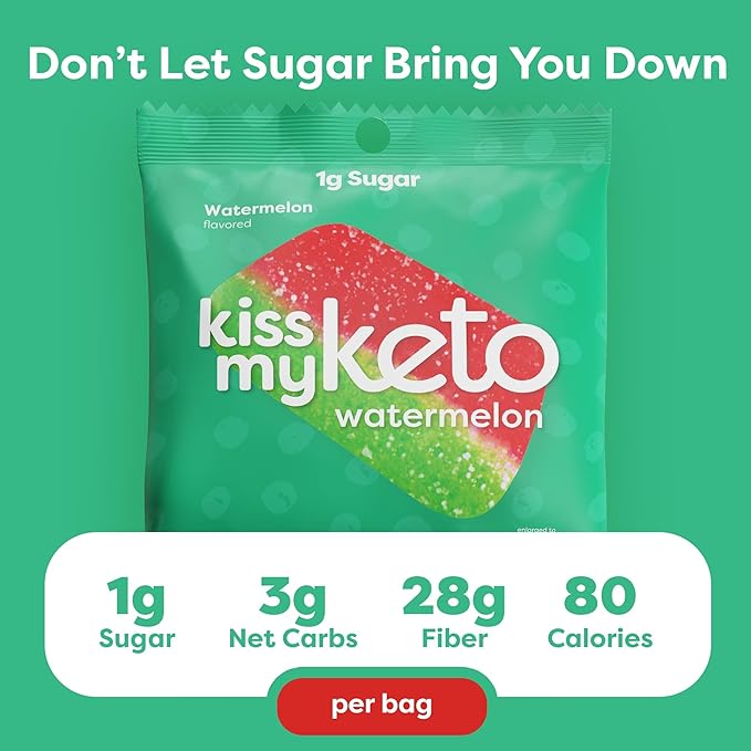Kiss My Keto Sugar Free Gummies, Gummy Watermelon 24-Pack – Satisfy Cravings while Staying in Ketosis – High Fiber, 3g Net Carbs, Non-GMO, Vegan, & No Gluten – Calorie-Friendly Vegan Candy