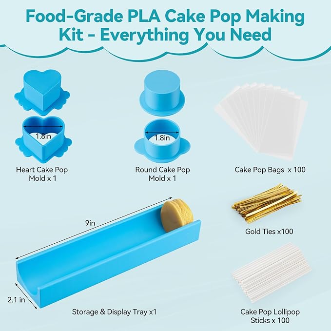 Cake Pop Mold Set,Heart & Round Cutter and Pusher,9-Inch Tray,3D Printed Cake Pop Molds Kit with 100 Bags,100 Sticks,100 Ties,Food-Grade PLA for Party/Wedding/Home Baking