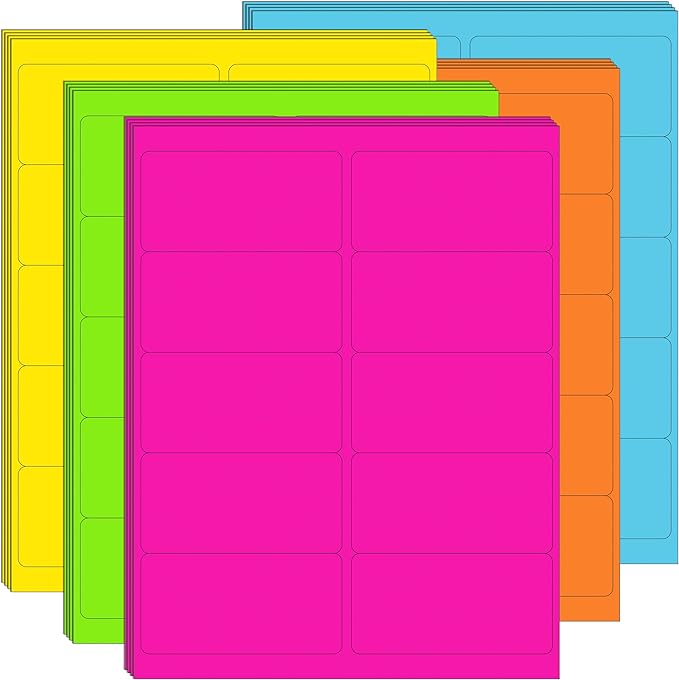 2" x 4" Colored Labels Stickers 5 Colors Bright Moving Stickers for Boxs 40 Sheets Printable Address Label for Laser/Inkjet Printer, Permanent Adhesive(400 PCS)