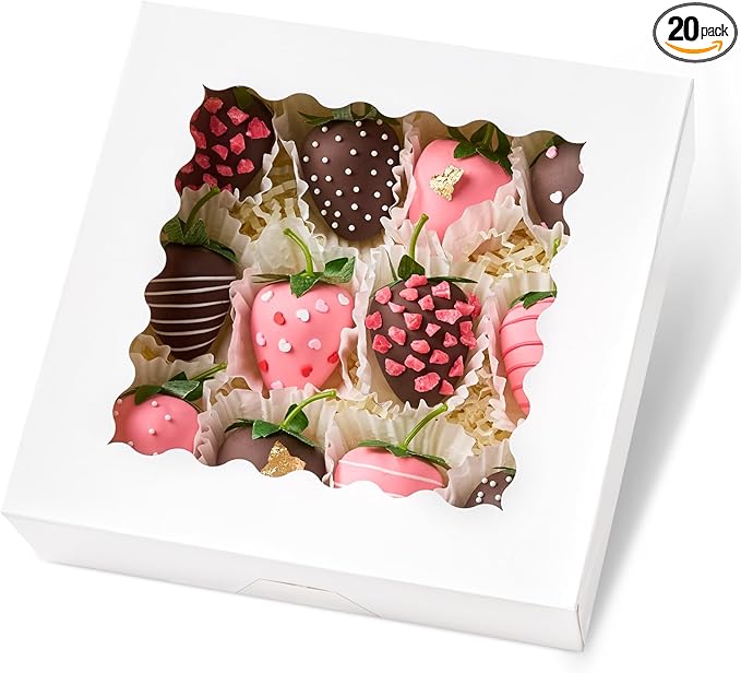 Kucoele 20 PCS Pie Boxes, 8 x 8 x 2.5 Inches Bakery Boxes with Window, Auto-Popup Cookie Boxes White Treat Boxes for Chocolate Strawberries, Pastries, Muffins, Donuts