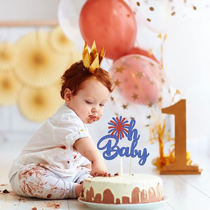 1Pc Happy Independence Day Oh Baby Cake Topper Glitter Firework Happy 4th of July Babyshower Cake Decorations for Independence Day Theme Party Cake Decorations Supplies