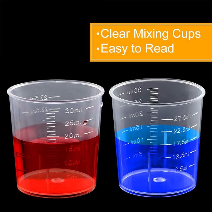 Coopay 100 Pack 30ml/1oz Plastic Graduated Cups Transparent Scale Cups Clear Epoxy Mixing Cylinder with 100 Pack Wooden Stirring Sticks for Resin, Epoxy, Stain, Mixing Paint