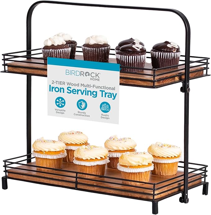 BIRDROCK HOME 2-Tier Wood & Iron Serving Tray w/Handle – Rustic Farmhouse Dessert Server – Party Display Stand - Cupcakes, Appetizers, Fruits & Pastries – Modern Kitchen Tiered Platter – Natural