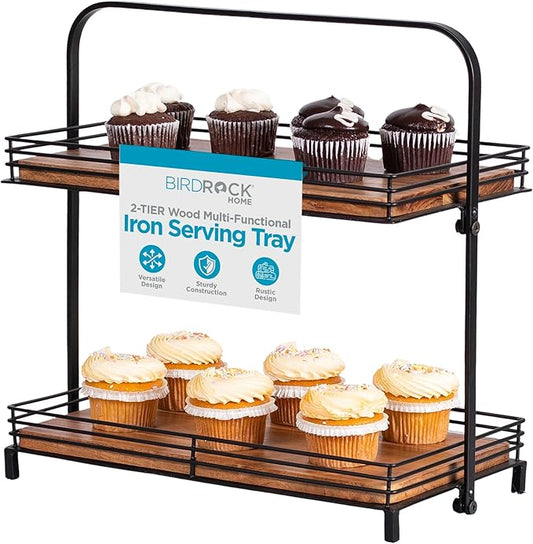 BIRDROCK HOME 2-Tier Wood & Iron Serving Tray w/Handle – Rustic Farmhouse Dessert Server – Party Display Stand - Cupcakes, Appetizers, Fruits & Pastries – Modern Kitchen Tiered Platter – Natural