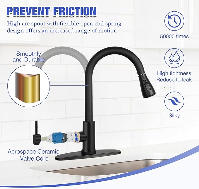 Matte Black Kitchen Sink Faucet with Pull Down Spray RV Stainless Steel Kitchen Faucet Pull Out Extension Utility Farmhouse Faucets for Sink 1 Hole Rent Apartment Dorm Single Handle Kitchen Faucet