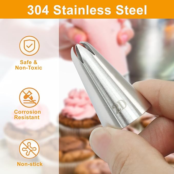 3 Pcs 1M 2D 2F Piping Tips, Stainless Steel Decorating Seamless Nozzles Icing Tips with Coupler Adapter & 12In Silicone Pastry Bag, Baking Tools for Birthday Cakes/Cupcakes/Cookie