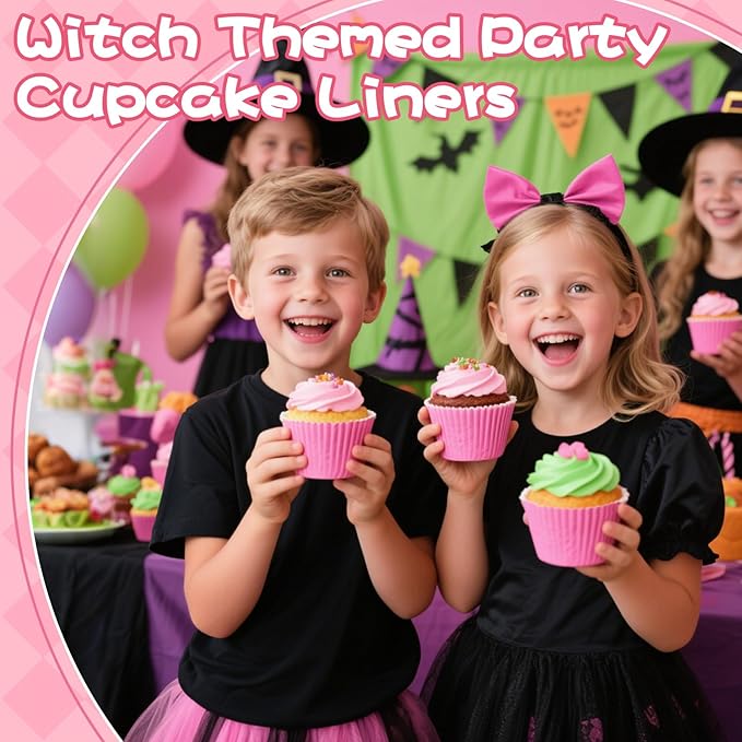 200PCS Pink and Green Cupcake Liners Muffin Baking Cups Wrappers for Pink and Green Birthday Party Supplies Disposable Pastel Cupcake Papers for Witch and Princess Theme Birthday Party Decoration