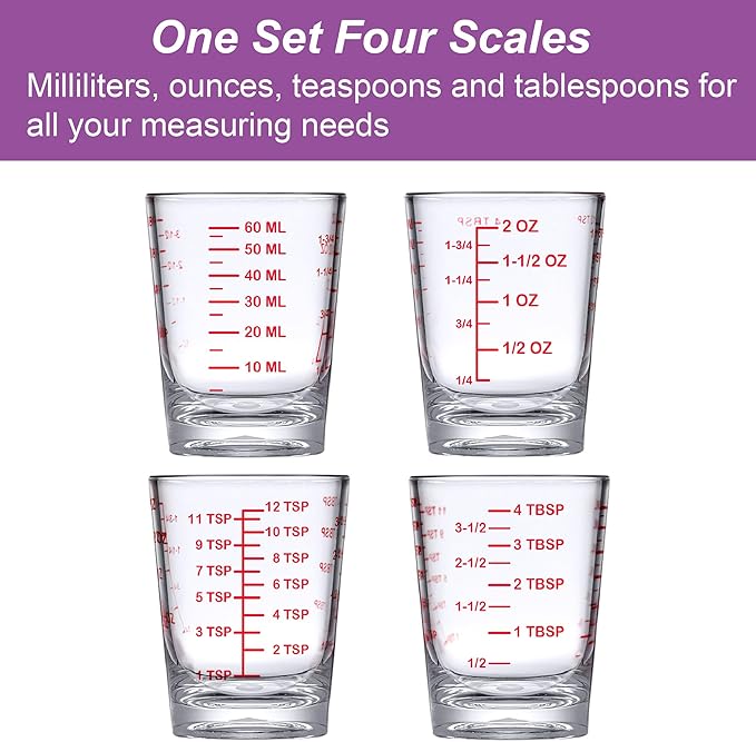 Amazing Abby - Melinda - 6-Pack Plastic Measuring Cups, 2-Ounce Unbreakable Shot Glasses, Food-Grade Measuring Jugs, Stackable and Dishwasher-Safe, Great for Espresso, Liquor, and More