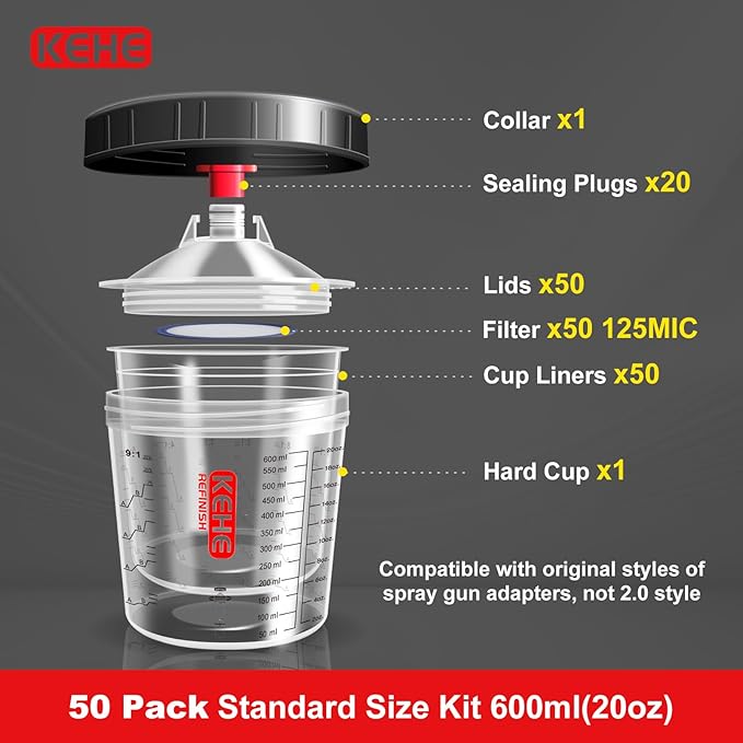 Disposable Paint Cups for Spray Gun,Mixing Cups 20 Ounce (600ml) Kit with 50 Cups,Lids and Strainer System for HVLP&LVLP,1 Hard Cup with Retainer Ring,20 Plugs