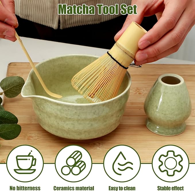 4Pcs Matcha Making Kit, Ceramic Bowl, Bamboo Whisk and Scoop, Matcha Sifter and Holder
