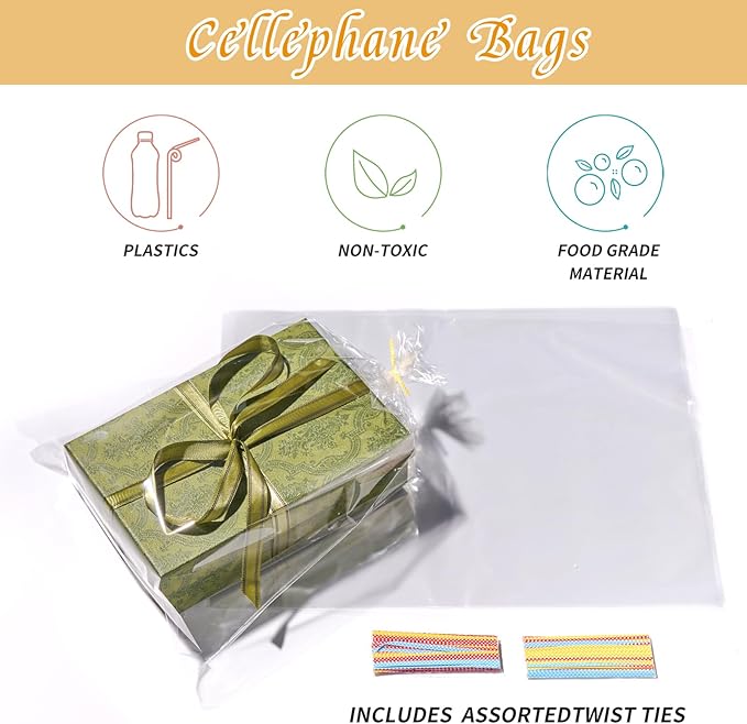 Brandon-super 200 PCS Transparent Clear Cellophane Bags 9x12 Inches, Clear Treat Bags with Ties for Cookie Bags Resealable Cellophane Bag for Packaging Cookies,Gifts,Products,Candy,Favors