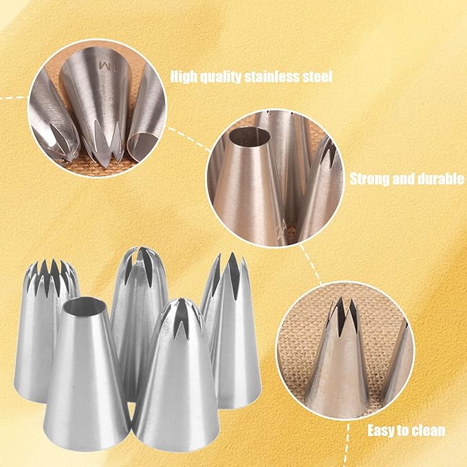 Icing Piping Nozzles,5Pcs/Set Stainless Steel Round Piping Nozzles Cake Decorating Tips Set for Baking, Cakes, Cup Cakes, Cookies