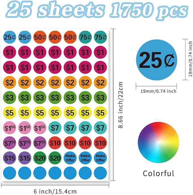 Removable Garage Sale Stickers, 1750 Pcs Yard Sale Price Sticker, 3/4" Round Preprinted Garage Sale Price Stickers Labels for Flea Markets, County Fairs & Retail